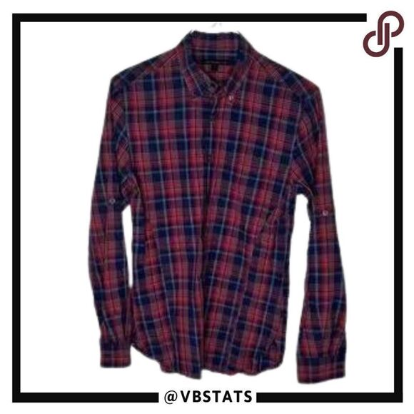 John Varvatos Small Red-Navy Plaid Long Sleeve Shirt - Picture 1 of 7